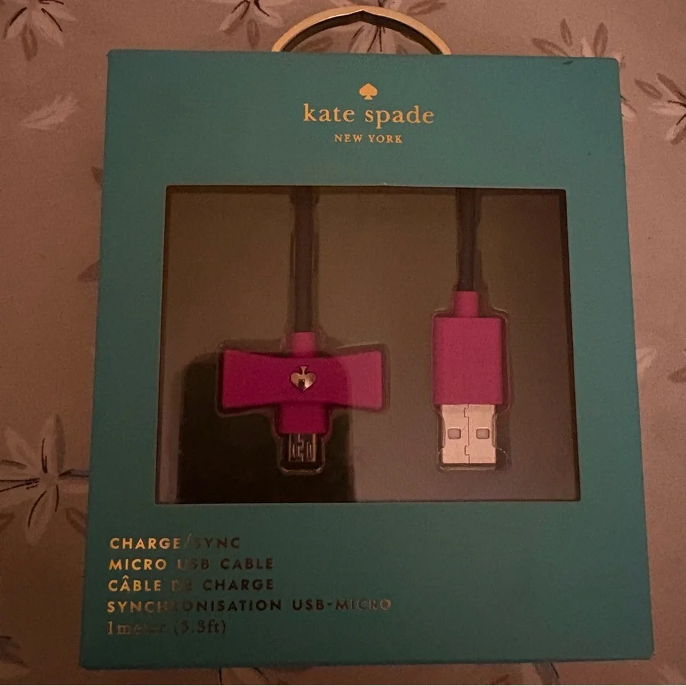 Kate Spade New York Bow Micro USB Cable 3.3 ft Charge & Sync Pink Black NIB